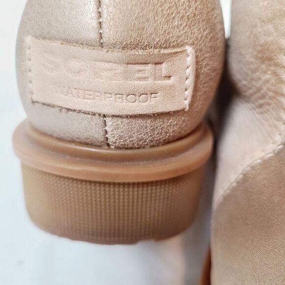 Sorel Boots Phoenix Ankle Boots 7.5 Beige Leather Sherpa Trim Waterproof Lace Up - Picture 7 of 10